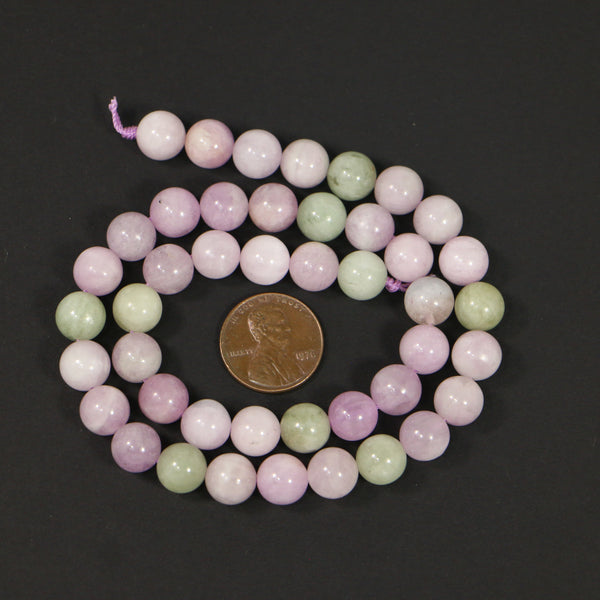 Kunzite, Round 9mm Diameter, Pink with Spring Green on 16-inch Strand