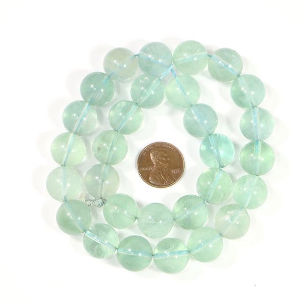 Fluorite, Round 14mm Diameter, Rare Large Size All Aqua Color, 16-inch Strand