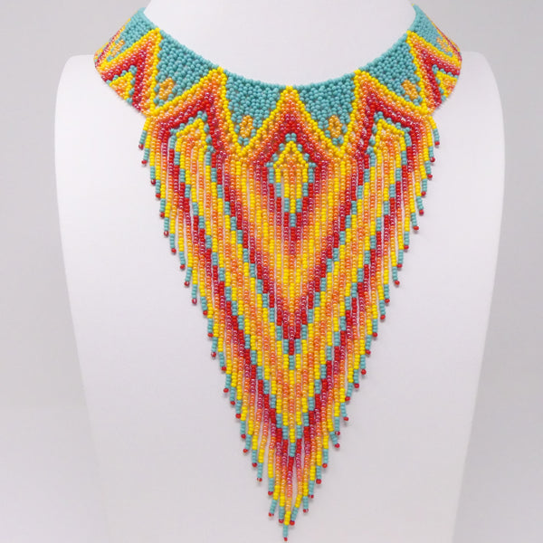 Collar with Fringe, Nativo Style in Turquoise with Sunset Colors, Neckline 18" plus 7" fringe