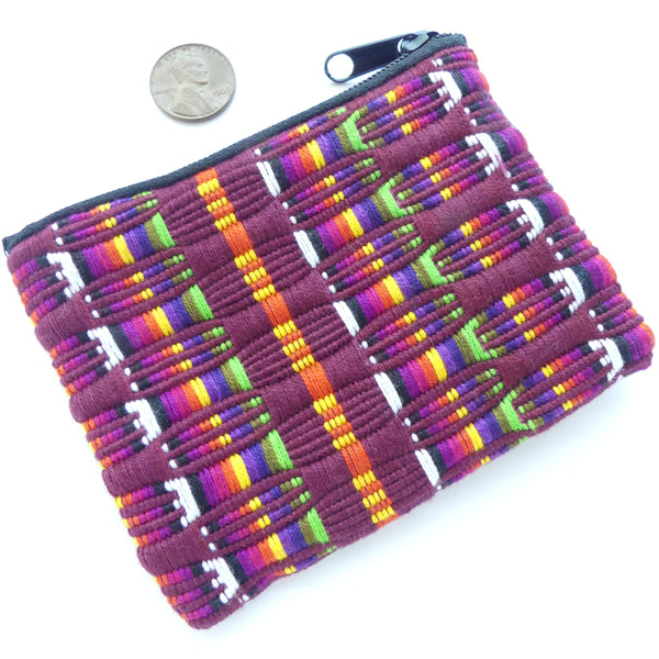 Coin/Earbuds Pouch, Handwoven Cotton, Burgundy wiith Multi-color,  4x3 inches