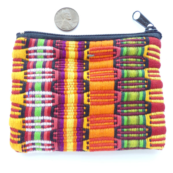 Coin/Earbuds Pouch, Handwoven Cotton, Orange with Multi-color, 4x3 inches