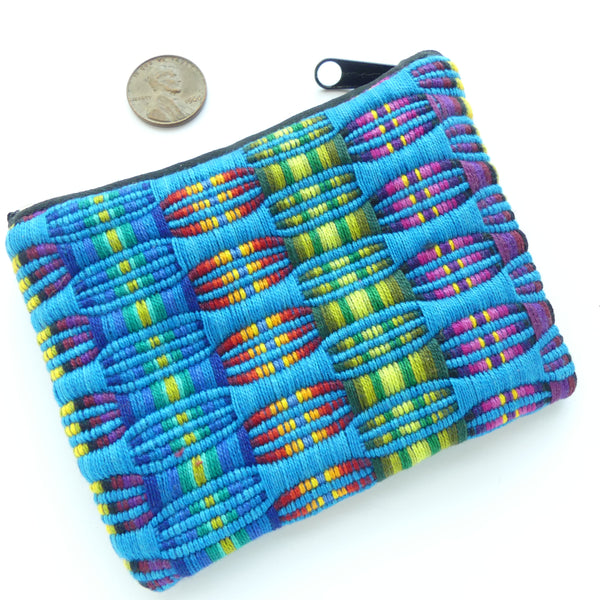 Coin/Earbud Pouch, Handwoven Cotton, Turquoise with Multi-color Accents, 4x3 inches