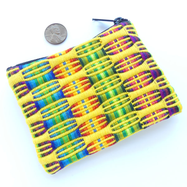 Coin/Earbud Pouch, Handwoven Cotton, Yellow & Green with Multi-color, 4x3 inches