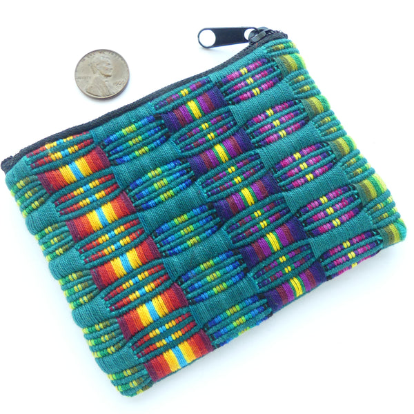 Coin/Earbud Pouch, Handwoven Cotton, Blue-Greens with Multi-color 4x3 inches