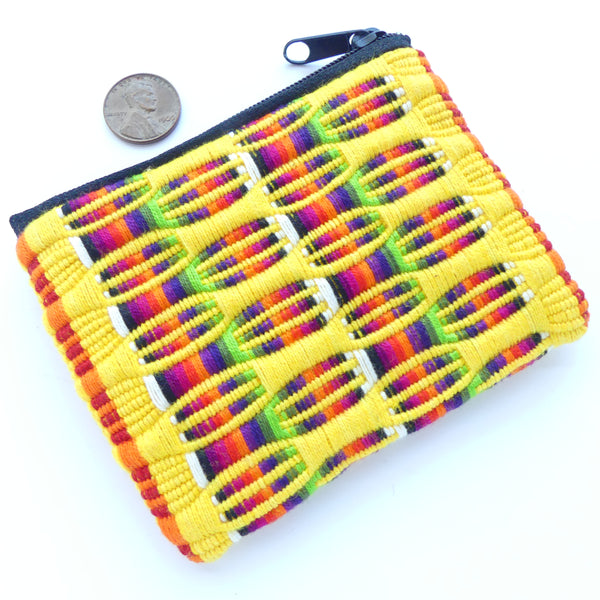 Coin/Earbud Pouch, Handwoven Cotton, Warm Yellow with Multi-color accents, 4x3 inches