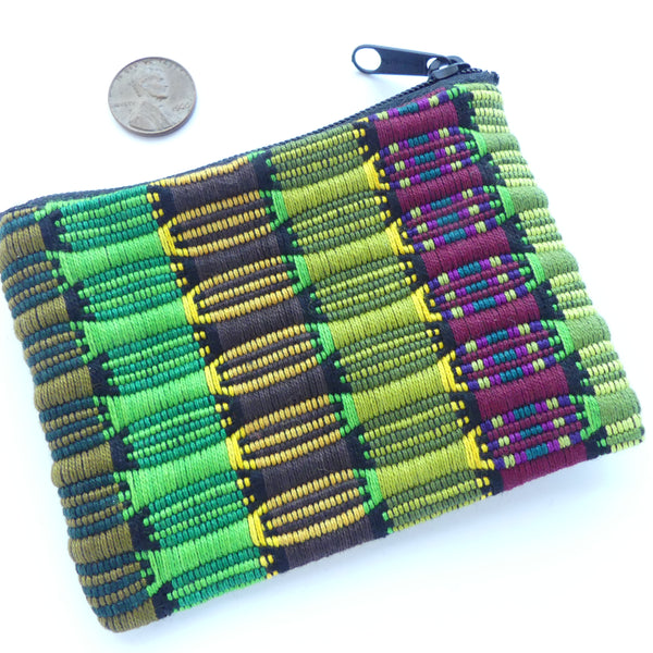 Coin/Earbud Pouch, Handwoven Cotton, Greens with Burgundy & More, 4x3 inches