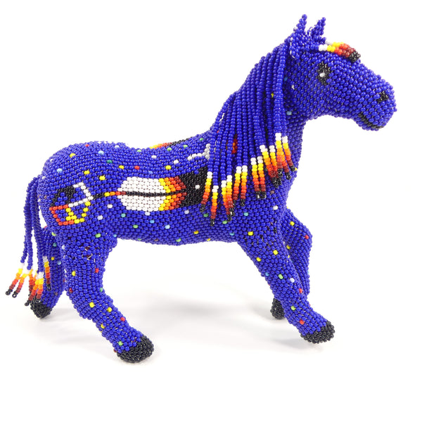 Beaded Animals, Pony, Large Nativo Style in Blue with Multicolor Designs, 5.5 Inches by 7.5 Inches