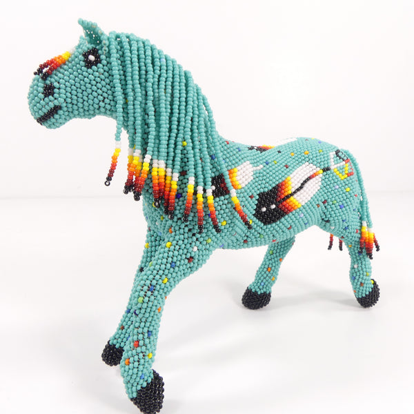 Beaded Animals, Pony, Large Nativo Style in Turquoise with Multicolor Designs, 5.5 Inches x 7.5 Inches