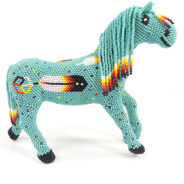 Beaded Animals, Pony, Large Nativo Style in Turquoise with Multicolor Designs, 5.5 Inches x 7.5 Inches