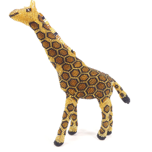 Beaded Animals, Giraffe of Silver-lined Gold & Amber Seed Beads with Black, 8.5 inches Tall