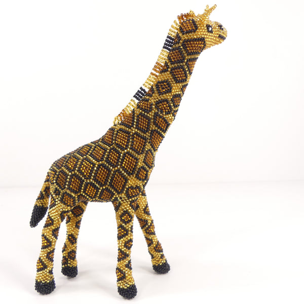 Beded Animals, Giraffe Silver-lined Gold, Amber, and Black Seed Beads, 8.5 inches Tall