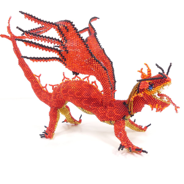 Beaded Animals, Dragon, Red with Flame-Like Wings, 10 Inches Long by 7 Inches Tall