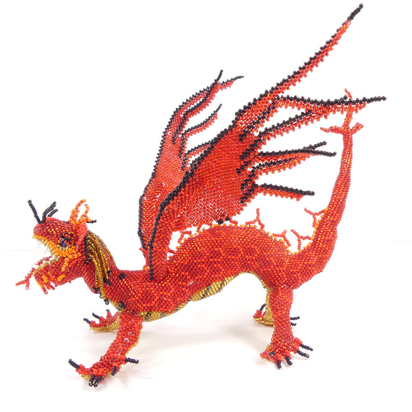 Beaded Animals, Dragon, Red with Flame-Like Wings, 10 Inches Long by 7 Inches Tall