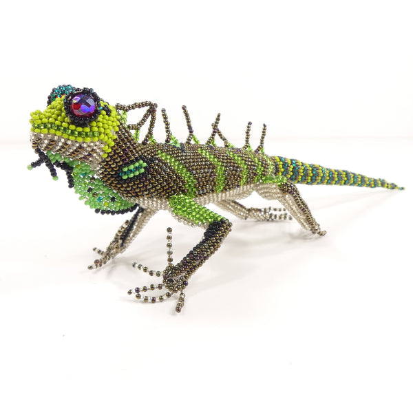 Beaded Animals, Iguana Greens and Browns with Silver Belly, 11 inches Long