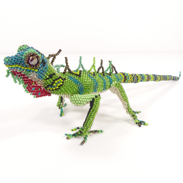 Beaded Animals, Iguana Green and Brown with Red Beard, 11.5 inches Long