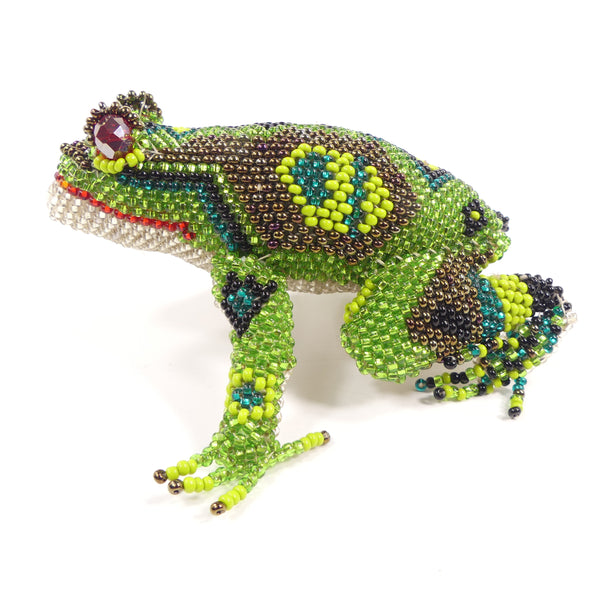 Beaded Animals, Giant Frog in Realistic Greens & Brown but with Geometric Designs, 4x4 inches