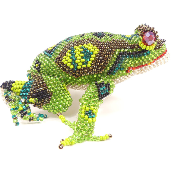 Beaded Animals, Giant Frog in Realistic Greens & Brown but with Geometric Designs, 4x4 inches