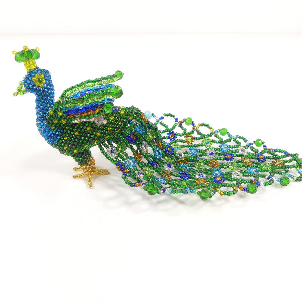 Beaded Animals, Peacock, Classic Teal with Silver and Gold Accents, 7x3 inches