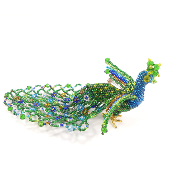 Beaded Animals, Peacock, Classic Teal with Silver and Gold Accents, 7x3 inches