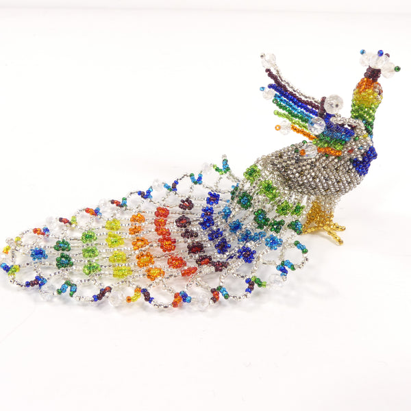 Beaded Animals, Peacock, Silver-lined Crystal with Rainbow Colors, 7 inches Long x 3 inches Tall
