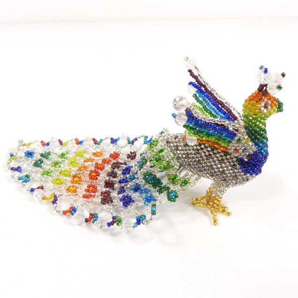 Beaded Animals, Peacock, Silver-lined Crystal with Rainbow Colors, 7 inches Long x 3 inches Tall