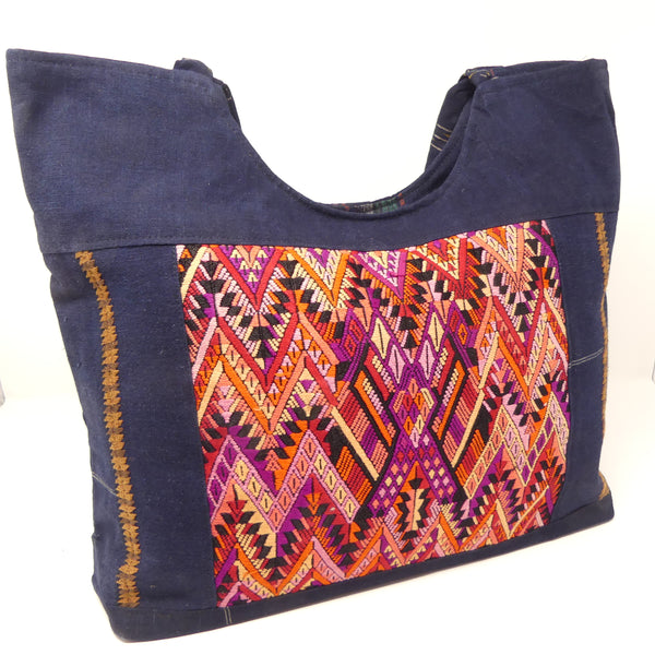 Tote Bag of Guatemalan Indigo with Red/Fuchsia Huipil Panel, 14x18x4 inches