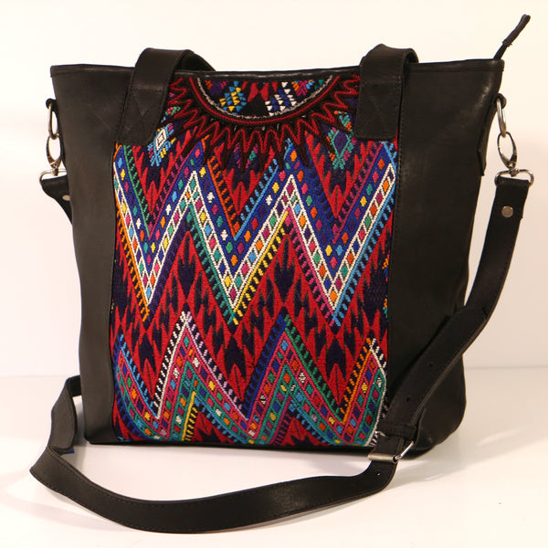 Leather and Huipil Large Tote Bag, Black Leather with Multi-color, 13x16x4 inches