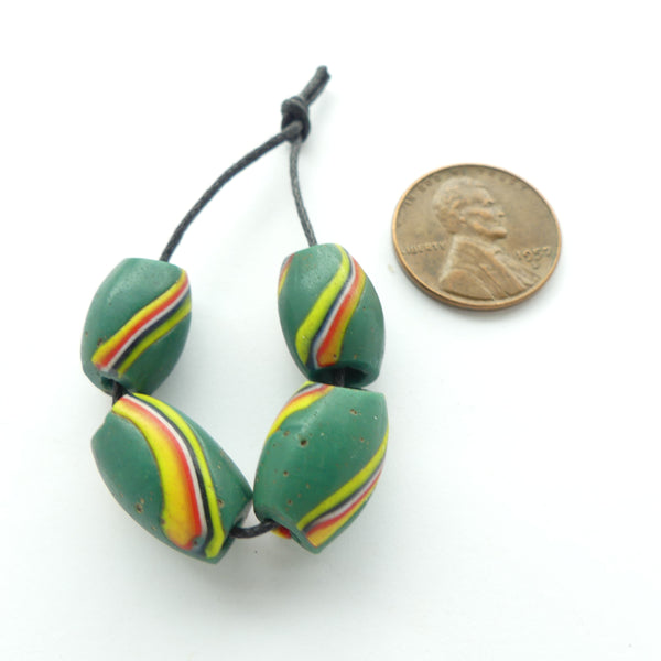 Lampwork, Antique Venetian, Olive Shape Green with Spiral Stripes, Sets of 4