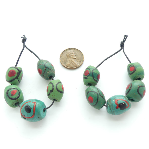 Lampwork, Antique Venetian, Turquoise Olive Shape Bead with Red & Black, Set of 5