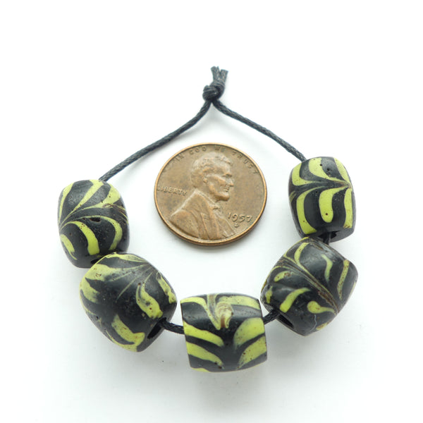 Lampwork, Antique Venetian, Black Barrels with Feathered Lime Stripes, Sets of 5