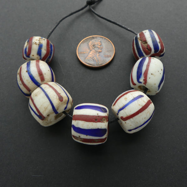 Lampwork, Antique Venetian, Red, White & Blue Striped Beads, 14x14mm, Set of 7