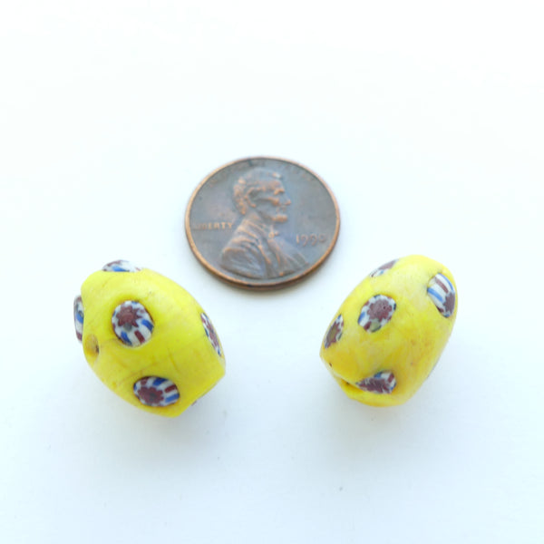 Millefiori Antique Tradce Beads, Yellow Olive Shape with Scattered Murrne, 16x12mm, Set of 2