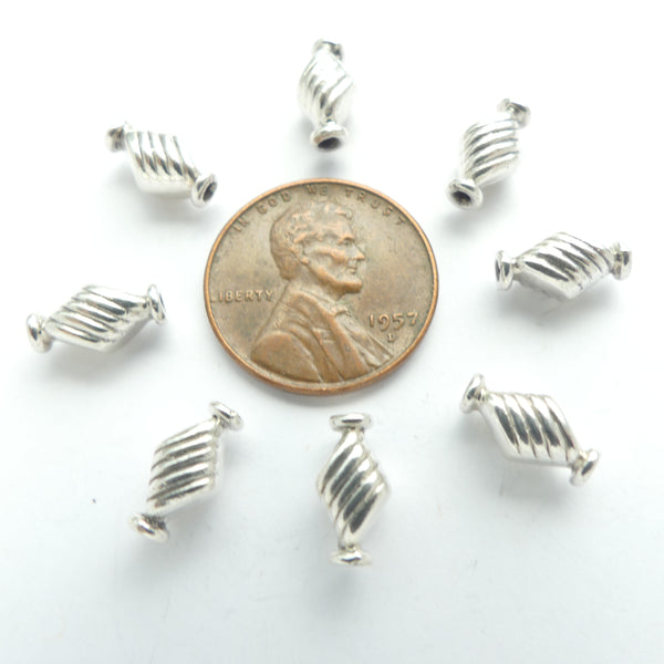 Indian Silver, Small Collared Diamond Shape Beads with Diagonal Stripes, 10x4mm, Sold Individually