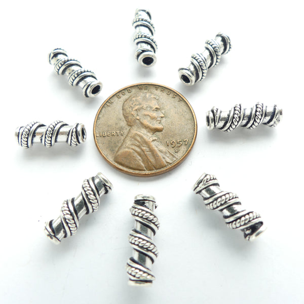 Indian Silver, Small Tubes Wrapped in a Spiral, 12x4mm, Sold Individually