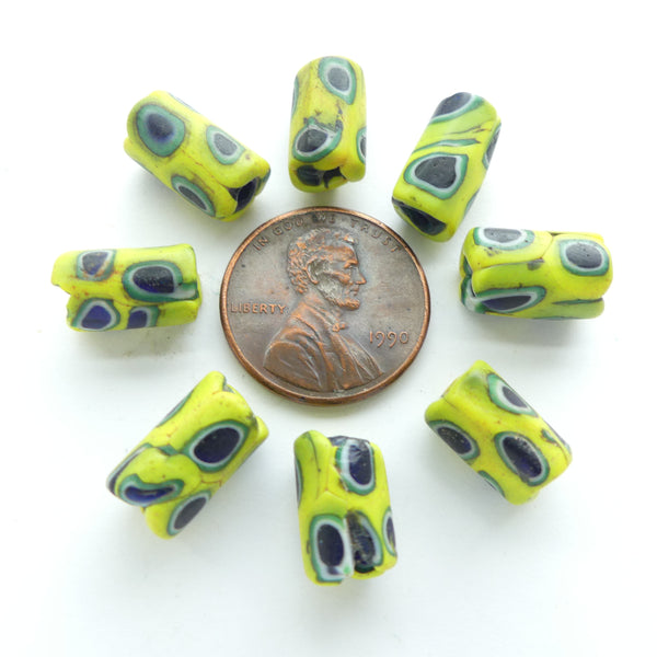 Millefiori Trade Beads, Mini Yellow, Green & Blue Beads 12x8mm, Sold by the Pair