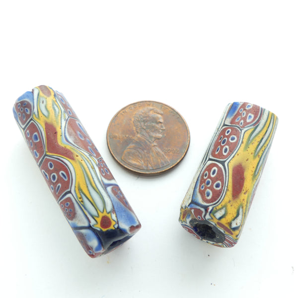 Millefiori, Antique Venetian Trade Beads, Multi-Color, 27 and 35mm long, Sold as Set of 2