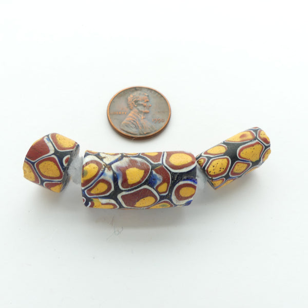 Millefiori Antique Venetian Trade Beads, One Pattern in 3 Shapes, Amber & Brick, Set of 3