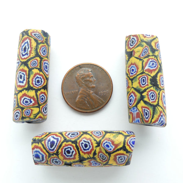 Millefiori Antique Venetian Trade Beads, Bundled Cane 6 Layer Circle Design, 30x10mm, Set of 3
