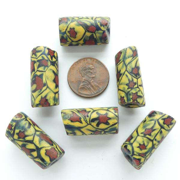 Millefiori, Antique Venetian Trade Beads, Stars, Red, Black, Amber, 24x12mm, Sold Individually