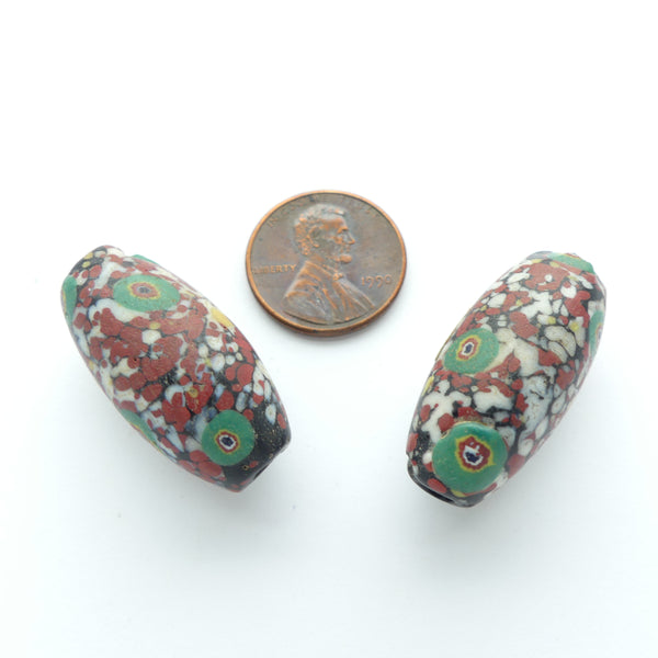 Antique Venetian Trade Bead, Oval Crumb Bead with Murrine, 28x14mm