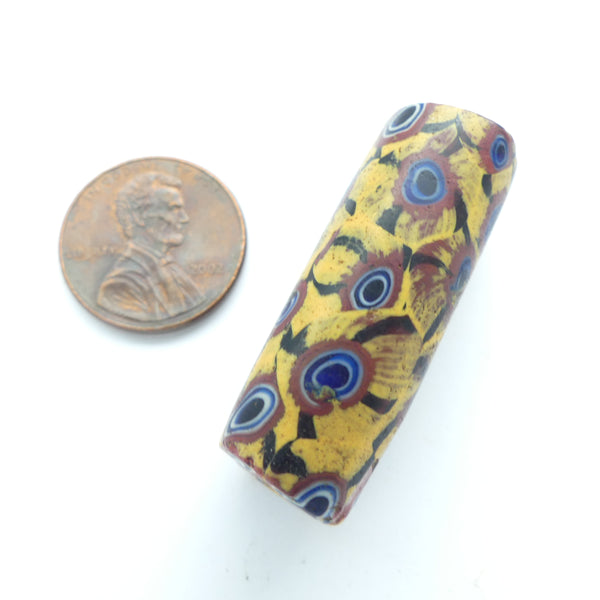 Millefiori Antique Venetian Trade Bead, Amber w/ Blue, Black & Brick, 37x14mm