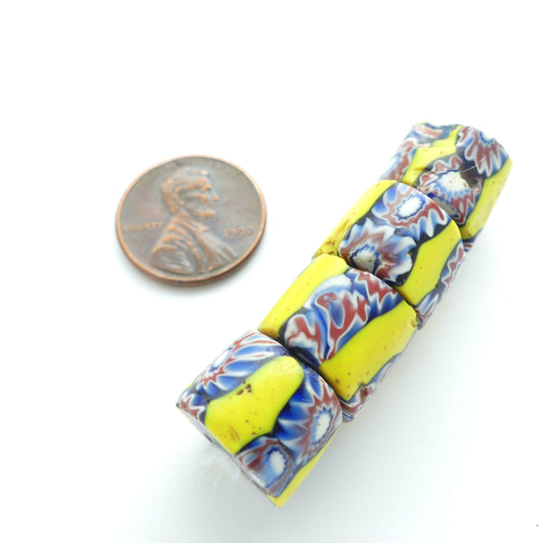 Millefiori Trade Beads, Short Cylinders, Yellow with Chevron Murrini, Set of 4
