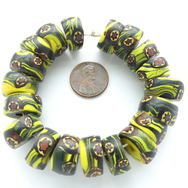 Millefiori Antique Venetian Trade Beads, Short Cylinders Yellow/Green Swirl w/ Red Star, Sold Individually