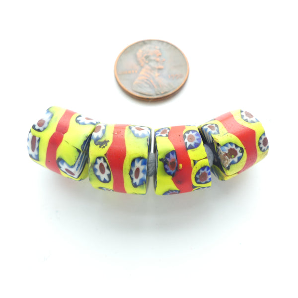Millefiori Antique Venetian Trade Beads, Red & Yellow with Flowers, Sold as a Set of 4