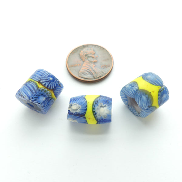 Millefiori Antique Venetian Trade Beads, Blue, Clear & Yellow, Set of 3 Small Beads
