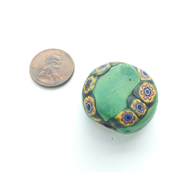 Millefiori Antique Venetian Trade Bead, Tabular, Green with Multi-Color Flower Murrine, 24x27mm
