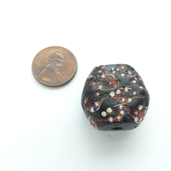 Millefiori Antique Venetian Trade Bead, Tabular Black with Red & White, 23x24mm