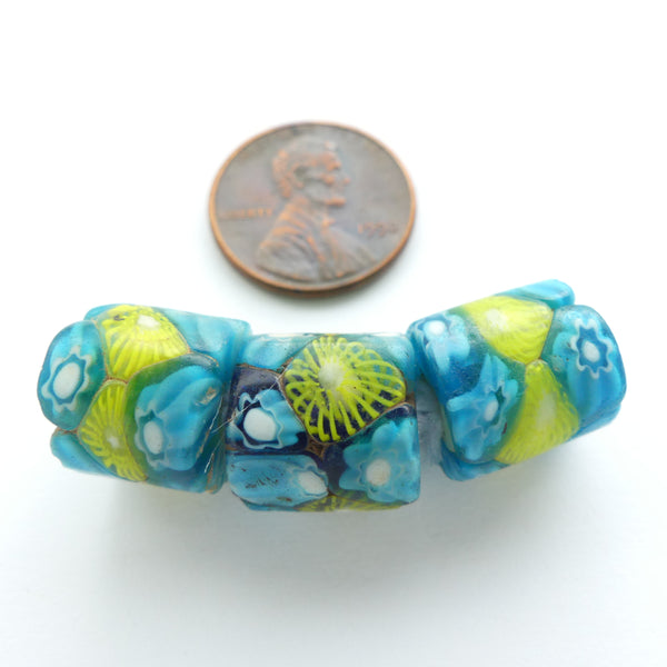 Millefiori Antique Trade Beads, Turquoise, Yellow & Clear Glass, Short Cylinders, Sold Individually