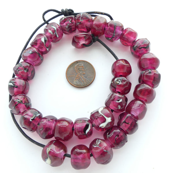 Necklace by Marie-Jose Opper, 30 Fuchsia Beads on Leather with Loop, 19 inches Long