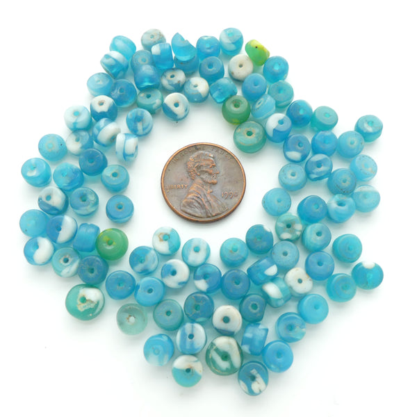 Glass Slices, Vintage Bohemian, Blue-Green & White, 4x6mm, Sold in Sets of 30 Beads